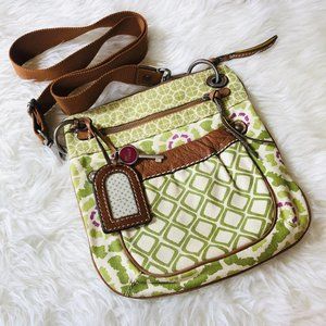 Fossil Brown Leather Green Pattern Crossbody Bag